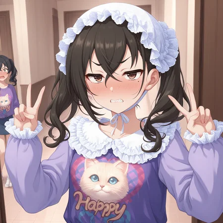 masterpiece, best quality, indoors,
<lora:BabyAkira:1>, BabyAkira, white headwear, black hair, long hair, twintails, hair between eyes, crossed bangs, brown eyes, mole under eye, frills, purple shirt, print shirt, clothes writing, long sleeves, skirt, v, full-face blush, nervous, disgust, sharp teeth