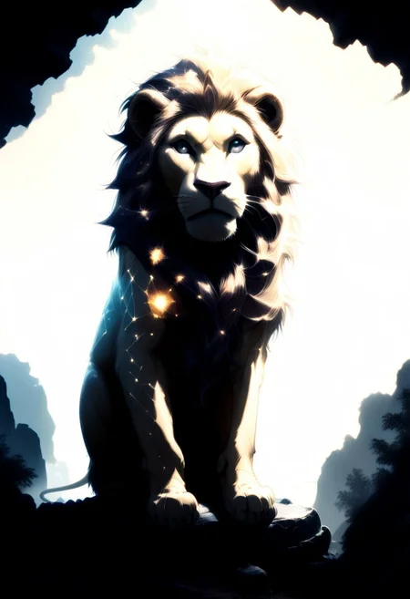 masterpiece, best quality, good quality, very awa, newest, highres, absurdres, ,score_9, score_8_up, score_7_up, Majestic lion, golden mane, standing on a rock, sunset light casting a warm glow