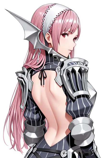 masterpiece, best quality, crimsonj-girl.fightil, 
  1girl, Cherche, long hair, pink hair, hairband, red eyes, armor, breastplate, shoulder armor, backless outfit,
looking at viewer, smilling,
  Simple background,  perfect anatomy