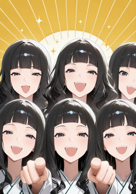 masterpiece, best quality, absurdres, perfect lighting,shiny skin,<lora:spo_sdxl_10ep_4k-data_lora_webui:0.6>,lineup, <lora:girls_lineup_IL:1>,itoshiki_rin,long hair, black hair,wavy hair, blunt bangs,black eyes,<lora:itoshiki_rin:0.9>,japanese clothes,laughing_at_you, open mouth, pointing at viewer,laughing, mocking,half-closed eyes, <lora:Laughing at you [IL]:1>,sparkle background, sunburst background, yellow background, red background,