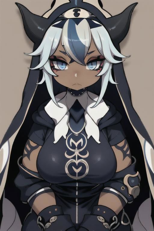Devil, horns, body mods, huge breasts, thick thighs, muscular, ((dark tan skin)), white hair, ((navy hair streaks)), short spiky scene hair, slanted blue eyes,blue tribal cloud tattoos, non human, monster girl, bad ass, ((nun)), huge fluffy white scarf, (( hooded jumpsuit)), ((steampunk)), ((y2k aesthetic)), black, white, navy, light blue, 3d render, chibi, ((Kaeya Alberich inspired outfit)), poofy hair, eyeliner, emo, emo makeup, goth, wrench_genshin_style, chara-sheet
