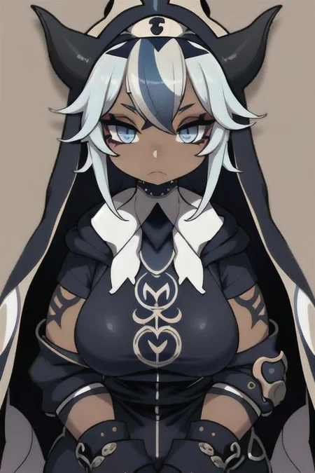 Devil, horns, body mods, huge breasts, thick thighs, muscular, ((dark tan skin)), white hair, ((navy hair streaks)), short spiky scene hair, slanted blue eyes,blue tribal cloud tattoos, non human, monster girl, bad ass, ((nun)), huge fluffy white scarf, (( hooded jumpsuit)), ((steampunk)), ((y2k aesthetic)), black, white, navy, light blue, 3d render, chibi, ((Kaeya Alberich inspired outfit)), poofy hair, eyeliner, emo, emo makeup, goth, wrench_genshin_style, chara-sheet