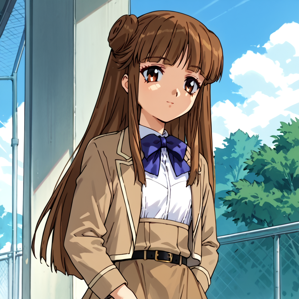 score_9, score_8_up, score_7_up, score_6_up, outdoors, <lora:Uruka_Sumeragi_ç_ããã_-_Steel_Angel_Kurumi_2_é¼éå¤©ä½¿ããã¿2å¼:1> uruka sumeragi, uruka, 1girl, solo, brown hair, long hair, blunt bangs, side locks, double bun, brown eyes, outfit-C, School uniform, White shirt, Blue neckwear, Blue bowtie, Brown jacket, Brown skirt, Belt accessory, Kneehighs, Navy blue socks, Loafers,