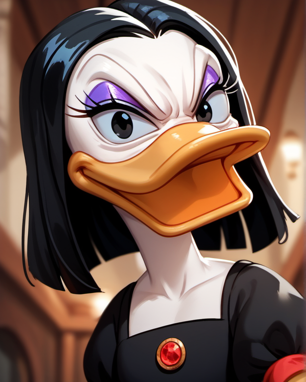 score_9, score_8_up, score_7_up, 1girl, solo, mdsdt1, duck, looking at viewer, beak, disgusted, pov, from below, furry, black hair, black eyes, dress, makeup, furry female, eyeshadow, orange legs, blurry background, toon \(style\), <lora:mdsdt1-000009:1>,