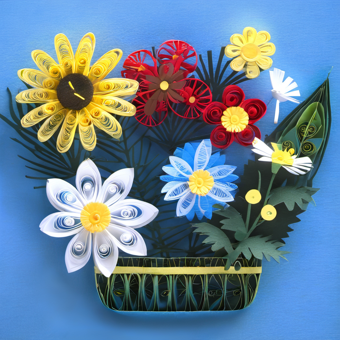 paperart, simple background,flower,leaf,blue background,plant,white flower,red flower,yellow flower, <lora:paperart:1>