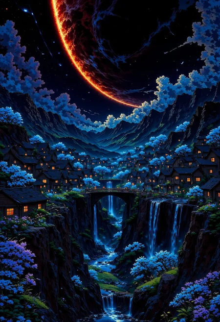 AnimeSky style, anime style, VibrantGlow style, high lighting, high quality, advanced quality render, high resolution, 4k, Valley of small snowy mountains, with various small medieval houses around, with a river that emanates a little light and steam that reaches the horizon, with a large bridge, with light clouds and a sunset of purple and blue tones, completely dark sky that has a planet with a ring of considerable size with reddish colors that emanates its own light covered by some clouds, stars, shooting stars, silhouettes of birds in the sky, magical luminescent plants that fill the valley and cherry trees