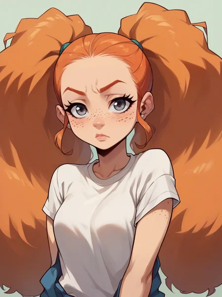 score_9, score_8_up, score_7_up, score_6_up, <lora:b00nd0cksXLP:1> b00nd0cks, 1girl, twintails, curvy, ginger hair, grey eyes, freckles,