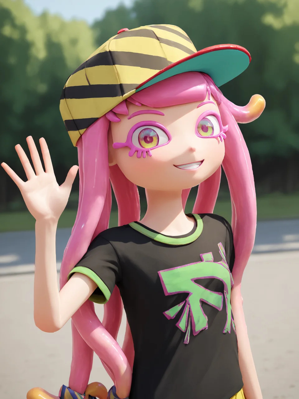 score_9, score_8_up, score_7_up, BREAK, H4rm0ny, 1girl, solo, long hair, jewelry, pink hair, short sleeves, black shirt, smile, baseball cap, tentacle hair, yellow skirt, multicolored eyes, upper body, raise left arm, day, outdoor, waving, looking at viewer, Volumetric Lighting<lora:Harmony-000009:1>