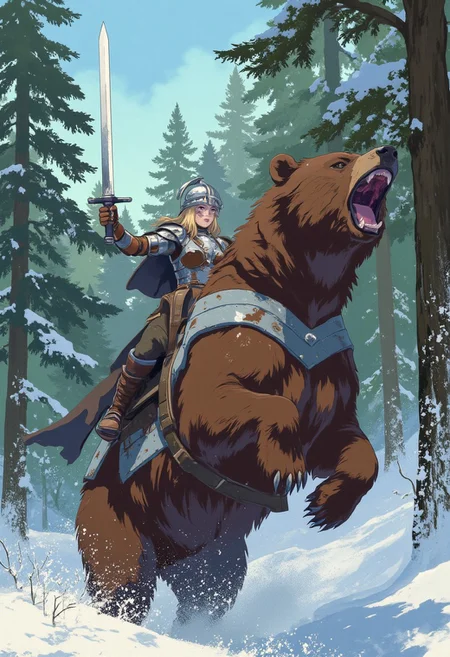 photo. Anime fantasy movie still, photograph, closeup portrait of a 20-year old aggressive roaring Russian blond holding a sword up by hilt riding a roaring brown bear rearing up on two legs, and she wears stitching armour, leather armor, snowy forest background, cinematic realism, high action pose, perfect pupils, insanely detailed faces, correct digits, perfect hands, perfect eyes, perfect pupils, expressive eyes, texture, detailed,