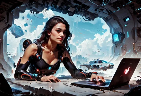 score_9_up, score_8_up, score_7_up, score_6_up,
8K high-resolution, power station, connectivity, futuristic hero:woman typing on laptop-computer, utopian vivid dream, futuristic clothing, photorealistic, hd-details, concept art, realistic, graphic novel illustration