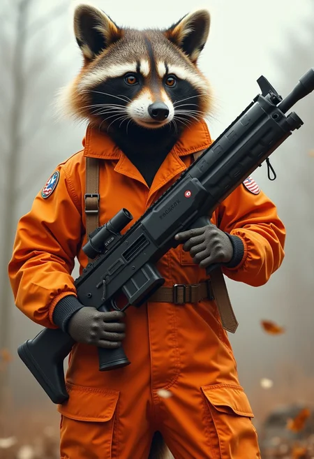 an anthro racoon-man wearing an orange jump-suit and holding a huge bazooka