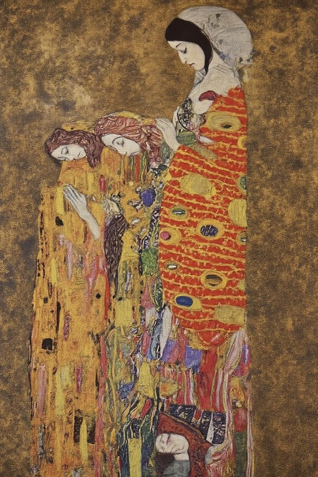 kl1mt painting.
Profile of woman wearing a robe with intricate geometric patterns is show in in a side view. A group of women are praying beneadth her. <lora:kl1mt_cap_d6a3e12:1.0><lora:823300477367293619:0>