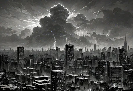 score_9, score_8_up, score_7_up, score_6_up, score_5_up, score_4_up ,(masterpiece, best quality, highres:1.2),llbreton,grayscale,monocrhrome,city,skyscrapers,apocalyptic,meteor,buringing buildings,sense of doom