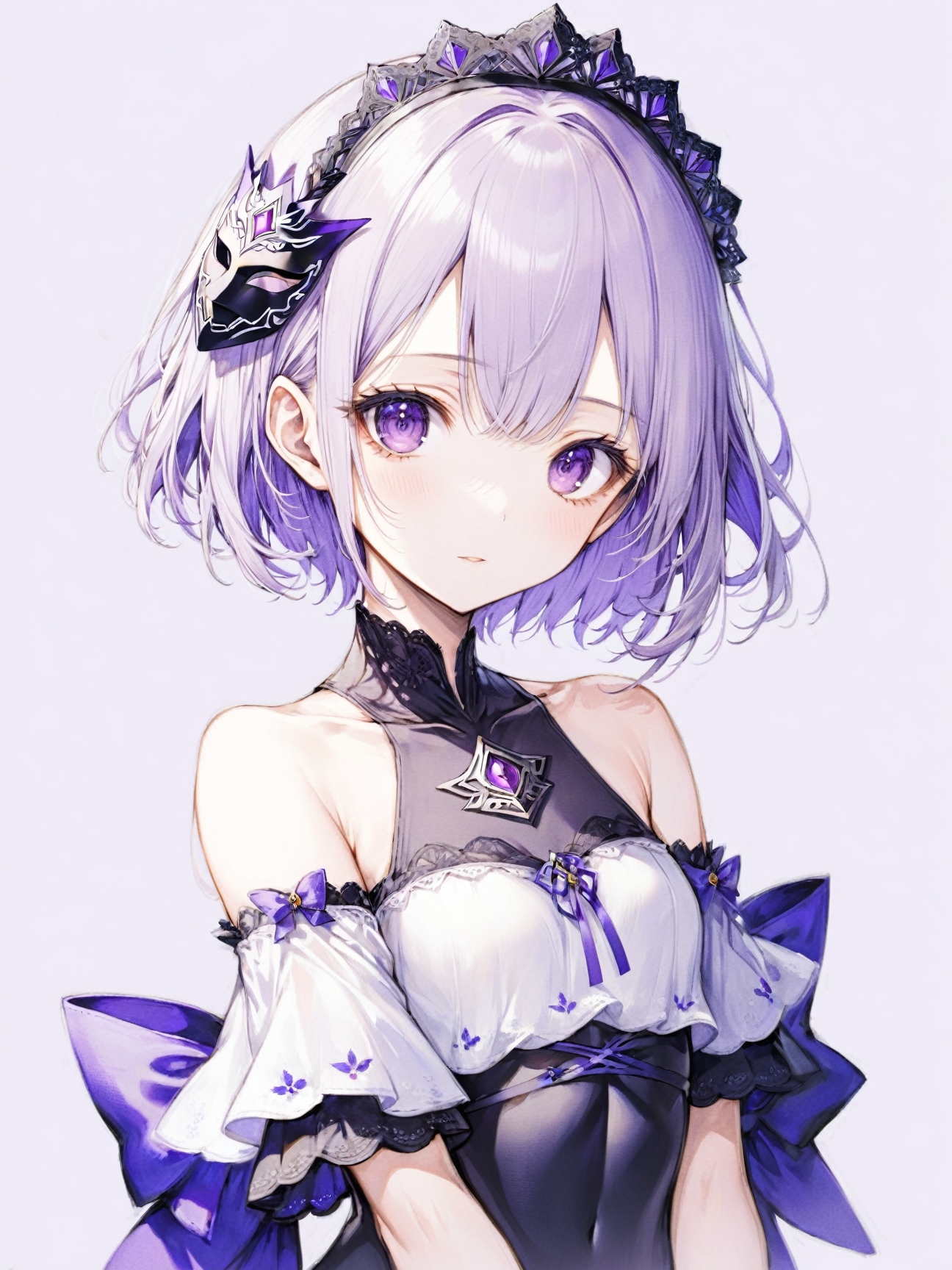 1girl, lavender background, upper body, purple eyes, jitome, short hair, half updo, pointy hair, small breasts, thigh gap, headdress, off-shoulder dress, mask