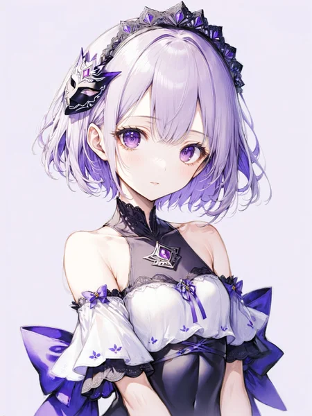 1girl, lavender background, upper body, purple eyes, jitome, short hair, half updo, pointy hair, small breasts, thigh gap, headdress, off-shoulder dress, mask
