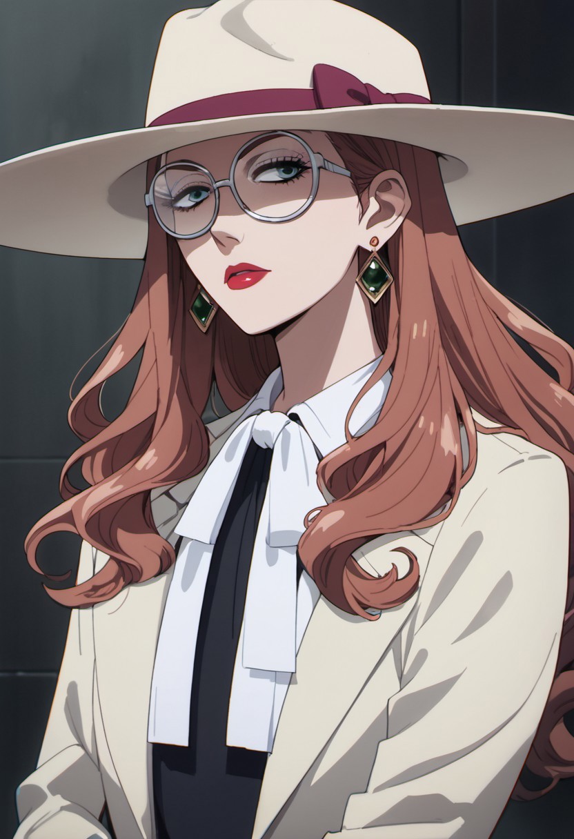 score_9, score_8_up, score_7_up, source_anime, sylvia sherwood, long hair, reddish-brown hair, 1girl, solo, hat, glasses, jewelry, earrings, lipstick, ribbon, shirt, jacket, makeup, opaque glasses