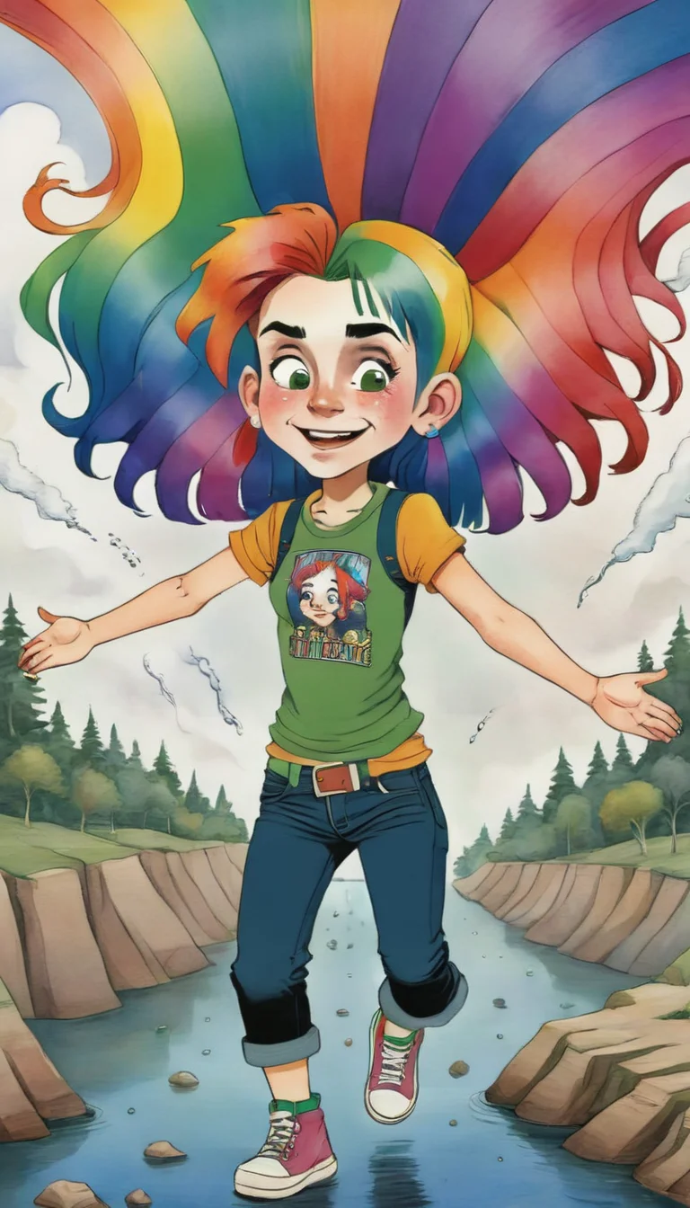 <lora:Everly Heights TaleSpinner:1> A children's book illustration of a 19-year-old InfiniteTina girl with rainbow hair as she falls through the multiverse. Trippy children's art in the style of Shel Silverstein.