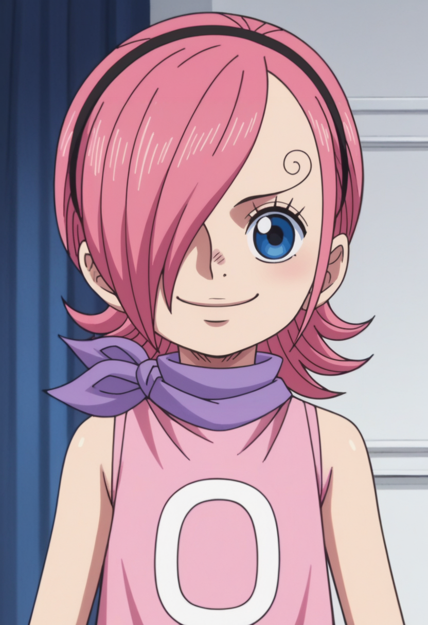 score_9, score_8_up, score_7_up, source_anime,anime screencap, anime coloring,intricate details,rating_safe, masterpiece, best quality,
(best quality, absurd res, ultra detailed),1girl, ((solo)), good eyes,perfect eyes,,detailed eyes, zPDXLxxx , zPDXL3,detailed, detailed face, <lora:add-detail-xl:3>,(4 finger)
BREAK
<lora:reiju:0.8>, reiju, 1girl, child, blue eyes, pink hair, hairband, hair over one eye, purple neckerchief, pink dress, sleeveless,outfit2,
BREAK
solo, indoors, standing, front view,
smirk,