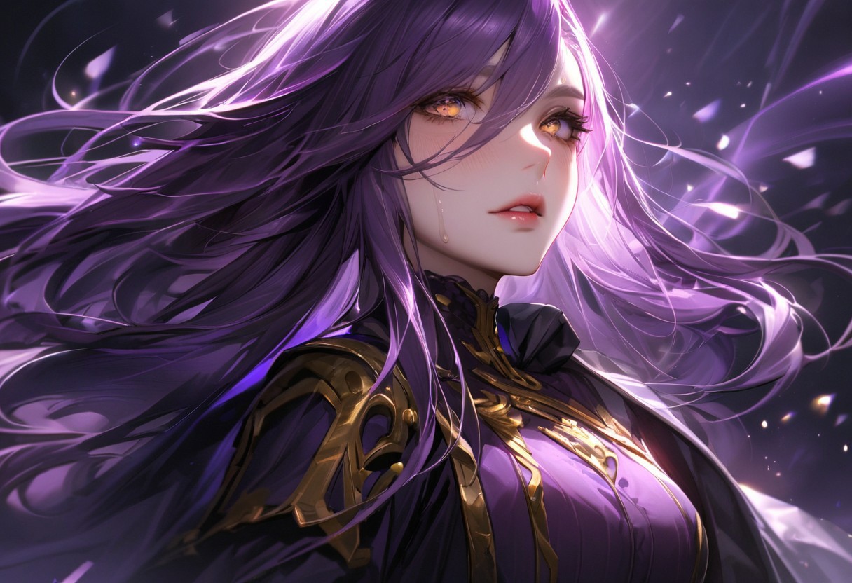 [[Lydia]]
beautiful face, glasses, soft skin, lightly made-up soft lips
purple Hair (((purple Long hair 1.6)))
(((golden eyes 1.6))) golden Sparkling eyes
((Big Detailed beautiful eyes))
((ultra detailed Art))
beautiful eyes in love
glowing skin, sweaty skin 
Perfect line guidance 
Clean, sharp edges
1woman, solo, eyeliner, gorgeous lips, medium big breast