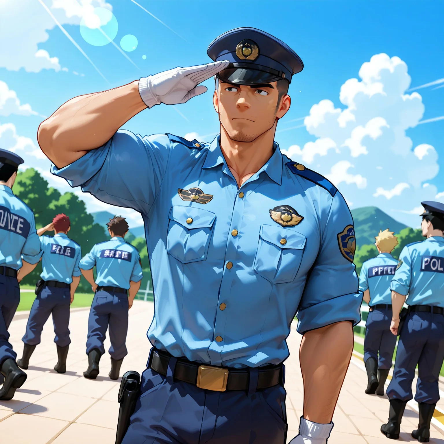 score_9, score_8_up, score_7_up, score_6_up, perfect anatomy, perfect proportions, best quality, masterpiece, high_resolution, high quality, aesthetic, absurdres, (male focus, adult, mature, masculine, manly, virile, hunky, macho, beefy, gay, homo, bara), handsome, charming, alluring, heroic, triumphant, grim, stern, BREAK (asian male, japanese male, dark hair, short hair, sideburns, facial hair, stubble), fit, BREAK Japanese Summer Police Uniform, HannekenJpPcSm01, light-blue collared shirt, tucked shirt, rank slides, rank insignia, sleeves rolled up, dark peaked cap, dark blue pants, hip holster, white gloves, black boots, BREAK outdoor, standing, (marching, multiple boys, 6+boys, salute, hand on cap), serious expression, ooking away, day, simples background, blurred background, upperbody, dutch angle, cowboy shot, movie still, perfect face, vibrant, vivid, stardom, glamorous, extraordinary achievement, award-winning, expressionist, cinematic, cinematic still, emotional, harmonious, vignette, bokeh, cinemascope, moody, epic, gorgeous, depth of field