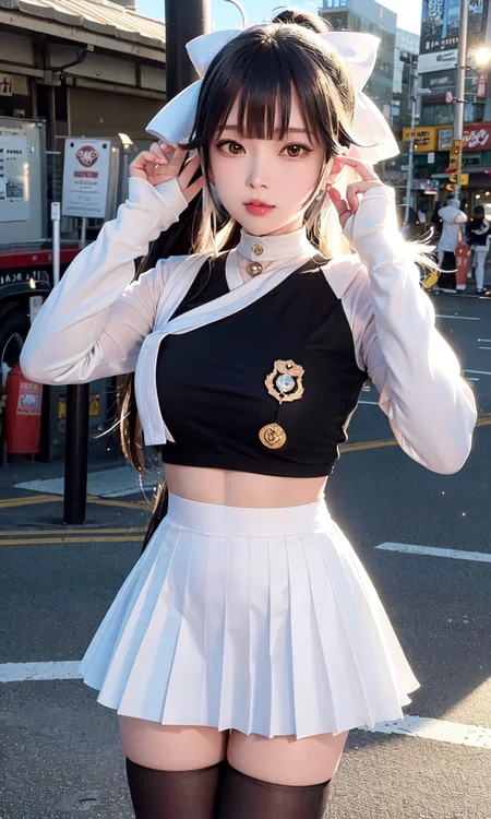 (8k, RAW photo, best quality, masterpiece:1.2), (realistic, photo-realistic:1.5),omertosa,(((1girl))),(Kpop idol), (aegyo sal:1),cityscape background, dailight,sunlight, professional lighting, photon mapping, radiosity, physically-based rendering,(comic market background:1.2), seashore background, sandy beach,crowd of people,<lora:koreanDollLikeness_v10:0.5> <lora:takaoAzurLaneFull_takao7682:0.7>,White military uniform, white miniskirt, long sleeves, gold buttons, gold armbands, gold collar, black hair, black ponytail with white ribbon, Azur Lane, Takao