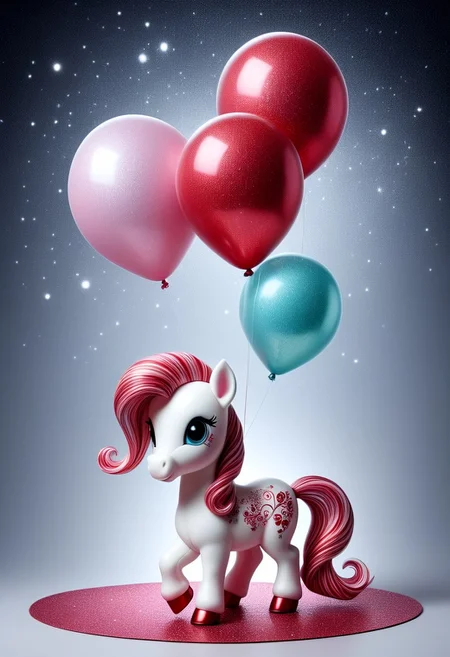 greeting card style captures redglitter Christmas essence, balloon, Jed-Cndcne toy pony, whimsical, chibi, kawaii, pastel colors watercolor, in the style of Gorjuss, Joan Walsh Anglund, margaret keene, charlie bowater, soft-focus and diffused lighting akin to Paolo Roversi, imbued with Tim Burton's macabre touch, Kris Kuksi-like intricate background detail, digital painting, ultra-detailed, cinematic.