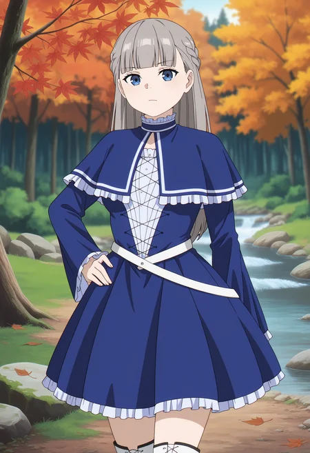 anime screencap, masterpiece, best quality,
<lora:SousouNoFrieren_Lawine_IlluXL:0.9>,
1girl, solo, closed mouth,
grey hair, long hair, french braid, blue eyes, blunt bangs,
LawineMage, frilled capelet, blue capelet, cross-laced dress, medium dress, blue dress, frilled collar, frilled sleeves, long sleeves, white belt,
thigh boots, lace-up boots, white footwear,
looking at the viewer, standing, hand on own hip, cowboy shot,
photo background, forest, tree, moss, stream, stone, leaf, maple tree, grass, nature, blurry background