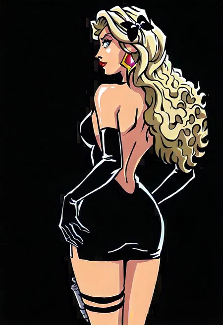 Akaburstyle,
1girl, solo, profile, earrings, jewelry, breasts, ass, backless dress, backless outfit, black bow, black dress, black gloves, blonde hair, blue eyes, bow, dark background, dress, elbow gloves, floating earring, from behind, gloves, hair bow, hands on own back, long hair, looking at viewer, looking back, medium breasts, pencil dress, red lips, short dress, sparkle, thigh strap, very long hair