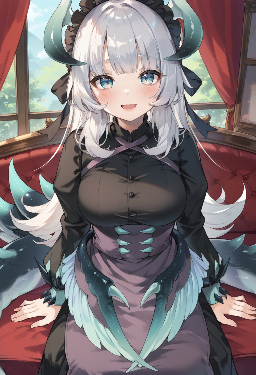 (score_9:0.9),score_8_up,score_7_up,rating_safe,anime style,(zPDXL),<lora:Chamber dragonmaid ponyXL v1:0.74>,chamber dragonmaid, 1girl, solo, looking at viewer, black maid dress, large breasts, black mob cap, sitting, curtains, open mouth, smile, indoors, blush, sidelocks, flying sweatdrops, :d, low dragon wings, from above