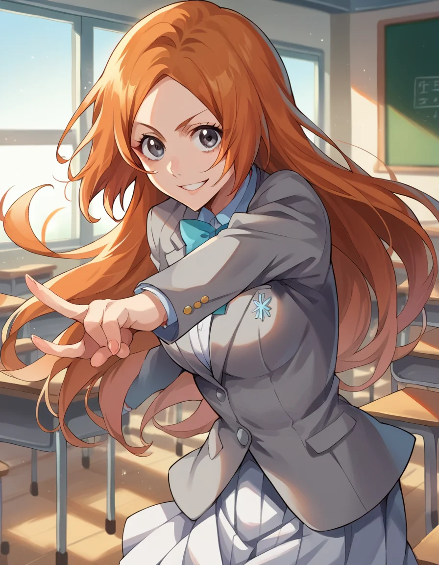 score_9, score_8_up, score_7_up, source_anime, inoueorihime, <lora:inoue-orihime-ponyxl-lora-nochekaiser:1>, inoue orihime, long hair, orange hair, grey eyes, smile, skirt, bow, school uniform, jacket, blazer, grey jacket, indoors, classroom, looking at viewer, cowboy shot, dutch angle, dynamic pose,