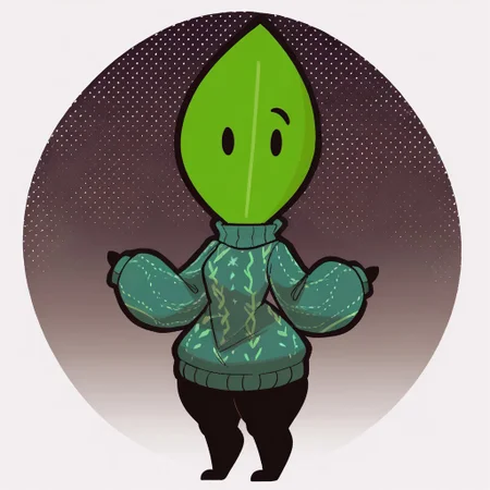masterpiece, score_9, score_8_up, black outlines, cartoon style, minimalist design, LeaaffBfdi, full body, standing, digital art, 1girl, solo, female focus, anthropomorphic, anthro, from front, standing, leaf-shaped character, no humans, thick thighs, wide waist, huge thighs, black limbs, black arms, black legs, smooth green skin, bright highlights, central vein detail on leaf, dotted eyes, black eyes, cute expression, vibrant and clean colors, cheerful design, Teal sweater, sweater, speckled sweater, Sparkle sweater, stylized sweater, casual style, rounded sleeves, long sleeves, simple details, modern design, cozy sweater, clothing, white background