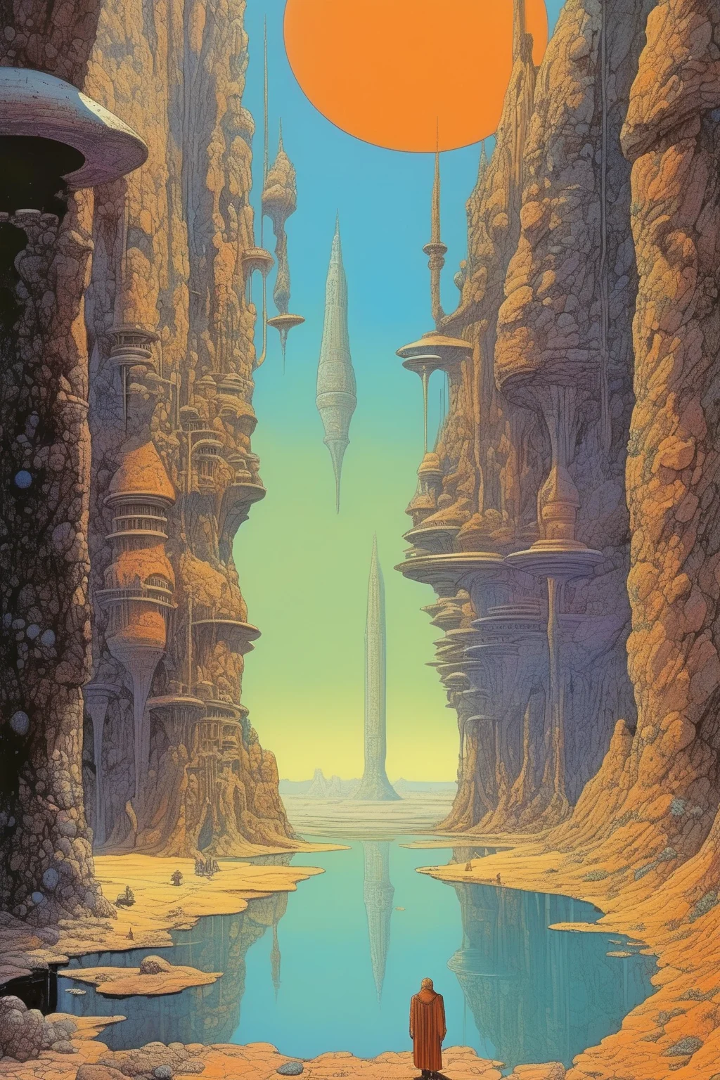 <lora:Angus McKie Style:1>Angus McKie Style - In the unpublished and breathtaking image from the Arzach album by Moebius, the essence of the Master's artistry shines through with remarkable clarity. in the foreground a mystical character levitating in the canyon, in the lotus position, serenity, ruins of an extraordinary city, water.. The vertical composition, elegantly presented in a 2:3 format, unveils a scene of unparalleled beauty that resonates perfectly with the spirit of the album. Prepare to be mesmerized by the sheer originality that permeates every aspect of this artwork. As your eyes wander across the canvas, you'll encounter a harmonious fusion of elements that defy convention and ignite the imagination. It is a visual symphony that stands as a testament to Moebius's boundless creativity. Vibrant and sublime colors dominate the image, bursting forth with a luminosity that captivates the viewer. The hues intertwine seamlessly, creating a rich tapestry that evokes a profound sense of awe. From ethereal pastels to vibrant bursts of intensity, the color palette is carefully orchestrated to evoke emotions and transport you to a realm of pure visual delight. Within this captivating tableau, the world of Arzach comes to life. Majestic landscapes unfold, adorned with surreal and fantastical elements that blur the lines between reality and imagination. Enigmatic creatures, both elegant and mysterious, clothing in the style of Moebius, strange bird in the style of Moebius, canyon, strange grass resembling tentacles of sea anemones populate the scene, inviting you to explore their enigmatic world. Moebius's artistic mastery is evident in the intricate details meticulously woven into the image. Each stroke of the brush or pen contributes to the overall narrative, telling a story that is open to interpretation and invites contemplation. The composition invites you to delve into the depths of its symbolism and immerse yourself in the profound beauty it offers. This painting should transport us to a realm where the extraordinary will become ordinary, where the imagination will reign supreme and where the legacy of Moebius' "Arzach" album will endure. This unique jewel will sum up the essence of the Master's art, because it will dazzle with its originality, its beauty and the sublime colors that will spring from its core. Action, Highly Impressive & Realistic Poses, Hyper-detailed, Insane Details, Intricate Details, Cinematics, Editorial Art, Photo Shoot, Tilt Blur, Super-Resolution, Megapixels, Unreal Engine 5, Studio Lighting, Volumetric, Optical, Diffusion Glowing, Shadows, Proportions, Rough, Shimmery, Ray Tracing Reflections, Glossy, Lumen Reflections, Screen Space Reflections, Diffraction Rating, Chromatic Aberration, GB Shift, Ray Tracing, Ray Tracing Ambient Occlusion Anti-Ali asing, Post-Processing, Post-Production, Cel Shading, Tone Mapping, Incredibly Detailed and Intricate, Hypermaximalist, Sleek, Hyper Realistic, Super Detailed, Dynamic Pose, Hyperrealism, HDI, 8k