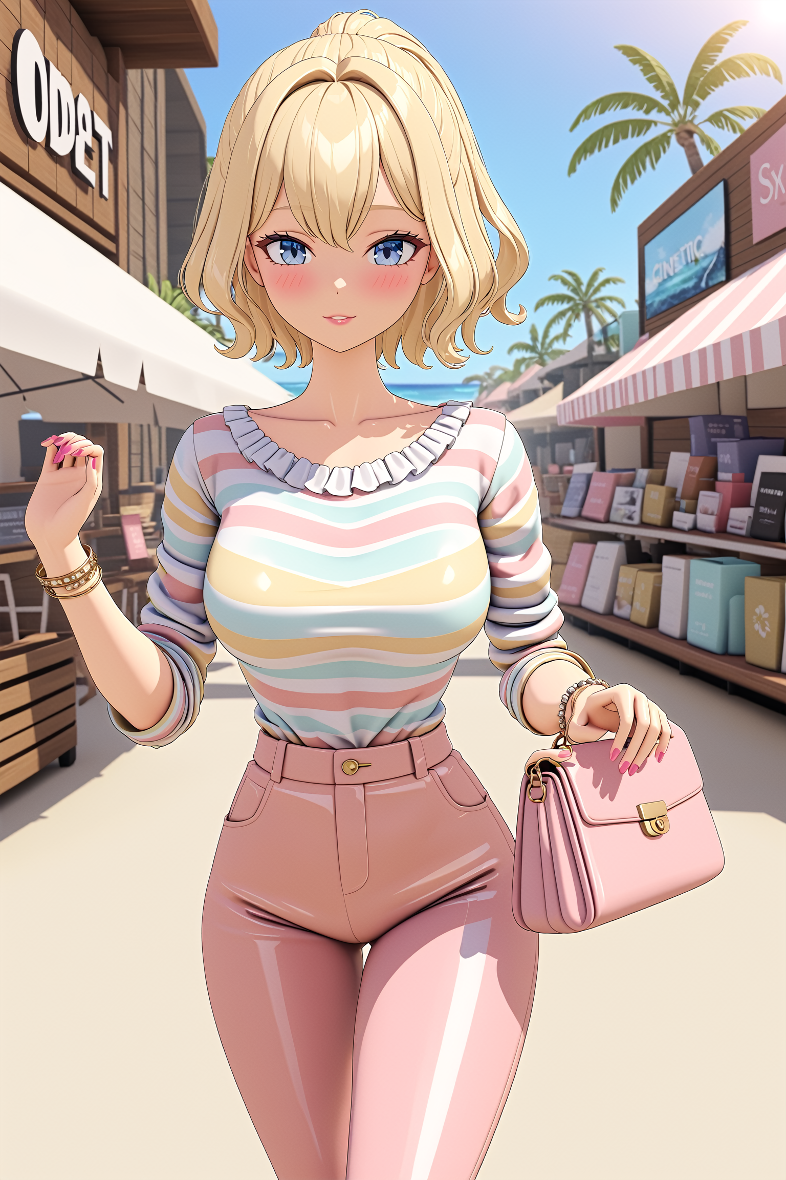 (Masterpiece), (insaneres),highly detailed, (ultra-detailed, ts_barbie, solo, in the style of pixar, 3d, hyperdetailed, volumetric lighting, natural lighting, frill trim, blurry background, long sidelocks, fantastic imagery, full lips, pink lips, (studio quality), long sleeves, 8k resolution, lipstick,closed mouth,day, sunshine, dutch angle, blush, shopping, holding purse, walking, fashion pose, jewelry, shiny skin, pastel colors, (striped print:1.4), bold colors, (deep depth of field:1.2), focus, sylish, jewelry, bracelet, thick thighs, relaxed pose, outdoors, (cinemtic, dynamic:1.2), beautiful, (shirt, pants:1.3), ocean, beach, tropical, summer vibes, (plastic skin), glitter, glamorous, shimmer, nail polish, pose, colorful, extremely detailed, (more details:1.1), (intricate details:1.2), detailed face, lipstick, (shiny), bangs, blonde hair, blue eyes, hair between eyes, from behind, looking at viewer, stylish, fashion, expressive, pixie cut, wavy hair, aged up,cowboy shot, deep and rich colors, (motion blur:1.3), expressive face, (8k resolution), wind lift, windy, gradients),more detail XL,r0b0cap<lora:EMS-335737-EMS:0.100000>, <lora:EMS-265483-EMS:0.100000>, <lora:EMS-277255-EMS:0.300000>, <lora:EMS-277160-EMS:0.600000>, <lora:EMS-61413-EMS:0.300000>