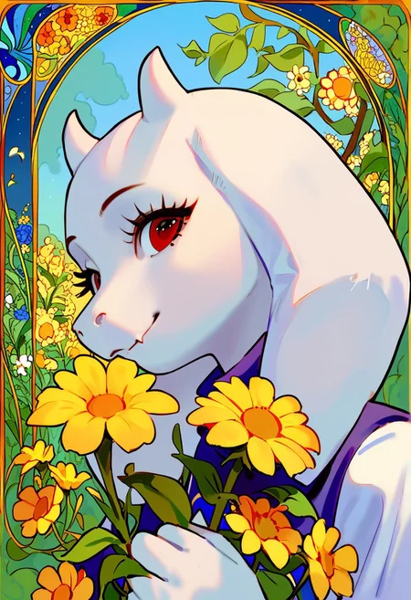 Vivid art style, outline, score_9, score_8_up, score_7_up, source_anime, hi res, masterpiece, best quality, highres, Lico_PS, very beautiful, toriel, surrounded by flowers, yellow flowers, (white fur), ((fluffy face:0.8)), (art nouveau:1.5), serene, close up, looking towards viewer, (perfect eyes:1), smile, from below, from side, holding flower