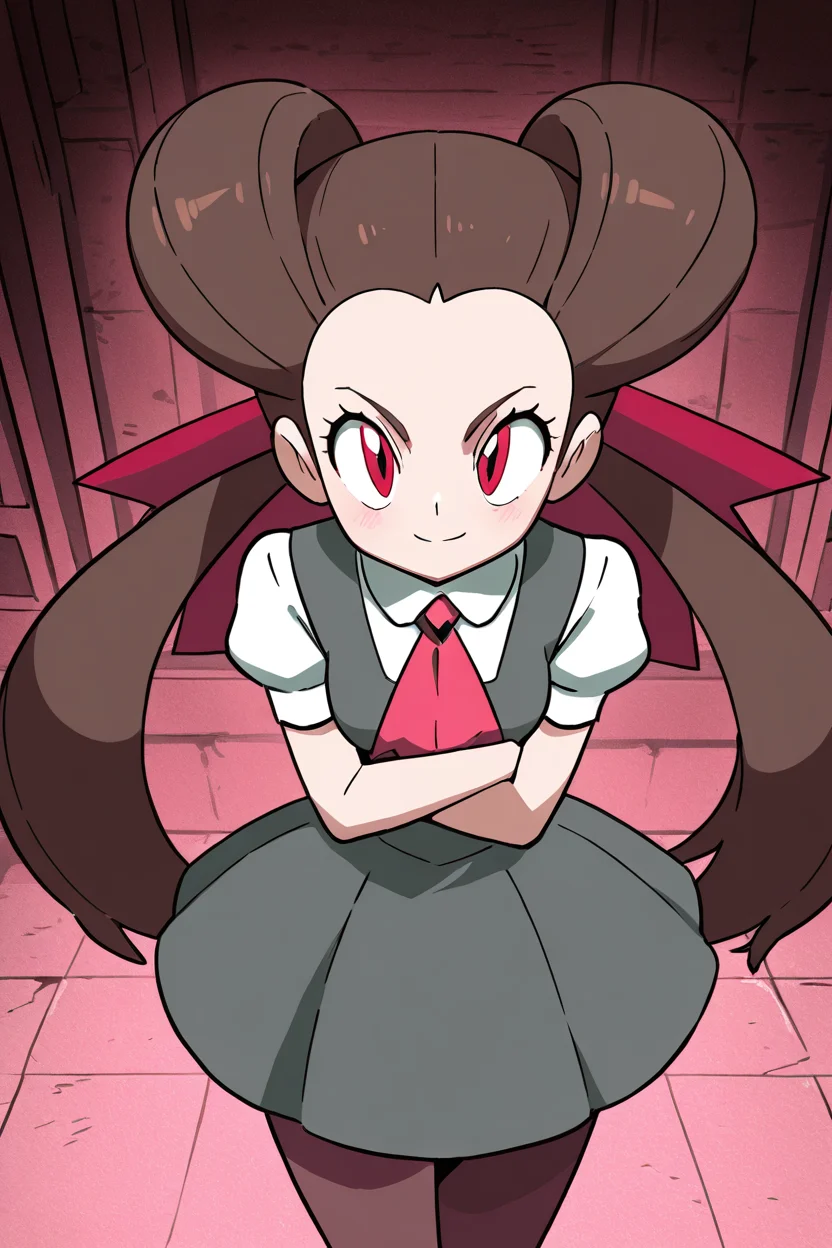 masterpiece, best quality, 1girl, solo, 21 year old model, eyelashes, (beautiful eyes), zzRoxanne, roxanne (pokemon), red eyes, long hair, brown hair, twintails, hair pulled back, pantyhose, ascot, grey dress, short sleeves, ribbon, shirt, hair ribbon, <lora:RoxannePokemonIXL:1.0>, from above, dynamic pose, cowboy shot, smile, looking at viewer, shiny skin,<lora:DiivesIXL:1.0>,