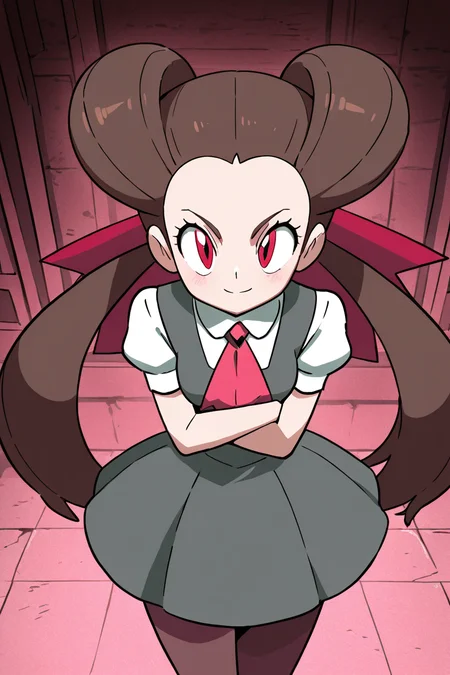 masterpiece, best quality, 1girl, solo, 21 year old model, eyelashes, (beautiful eyes), zzRoxanne, roxanne (pokemon), red eyes, long hair, brown hair, twintails, hair pulled back, pantyhose, ascot, grey dress, short sleeves, ribbon, shirt, hair ribbon, <lora:RoxannePokemonIXL:1.0>, from above, dynamic pose, cowboy shot, smile, looking at viewer, shiny skin,<lora:DiivesIXL:1.0>,