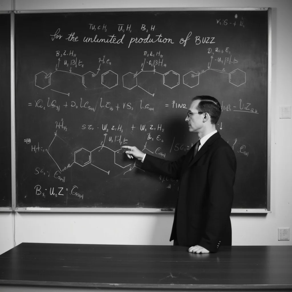 This black-and-white photograph depicts a scene from a chemistry laboratory. The central figure is a 30 year old attractive woman, likely a professor or scientist, standing behind a long wooden lab bench. He is dressed in a dark suit with a white shirt and a tie, and he is wearing glasses. He is pointing to a large, darkened chalkboard on the wall behind him, filled with complex chemical formulas and structures, including molecular diagrams and chemical symbols. The chemical formulas should use the letters B,U,Z,Z randomly. The formulas are for the "unlimited production of BUZZ" and should be in clear text on the top of the chalkboard.