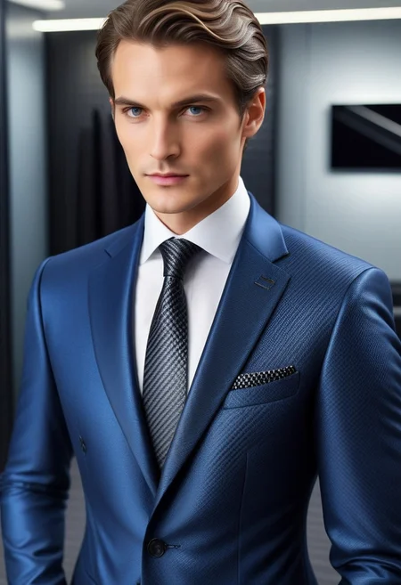 lazympos, cf_style, close-up, man, head out of frame, formal suit, blue jacket, adjusting tie, black tie made of carbon fiber, depth of field