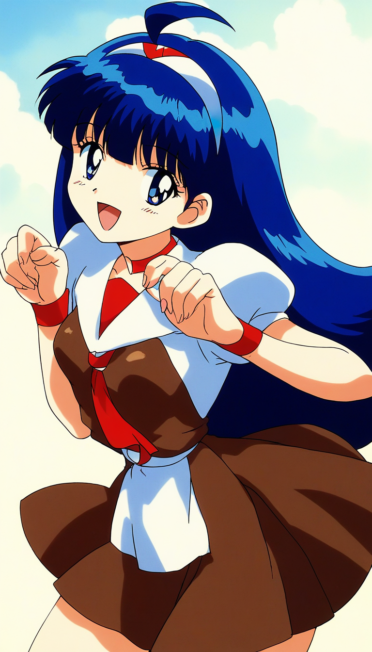 score_9, score_8_up, score_7_up, source_anime, rating_explicit, BREAK <lora:Tsurugino_Hikari_XL:1>Tsurugino_Hikari, long hair, blue hair, 1990s (style), hairband, blue eyes, bangs, ahoge, small breasts,
1girl, solo, brown hat, retro artstyle, skirt, open mouth, School uniform, smile, 
wristband, looking at viewer,  puffy sleeves, short sleeves, bow, 
brown dress, :d
dauy, sky, outdoor.
