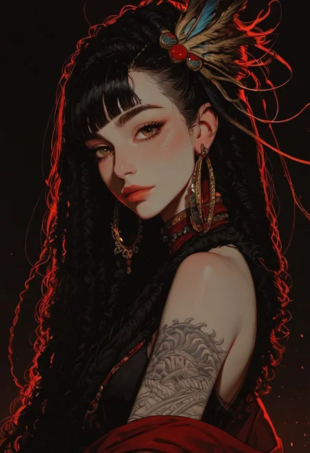 masterpiece, best quality, good quality, very aesthetic, absurdres, newest, 8K, depth of field, focused subject,
1girl, solo, hoop earrings, black hair, exotic hair, (hair ornament:1.4), detailed headdress, exotic headdress, glowing hair, feather, dreadlocks, (shaman), long hair, back tattoo, looking at viewer, from side, blunt bangs, upper body, arm tattoo, dragon tattoo, eastern dragon, shoulder tattoo, bare shoulders, long hair, brown eyes, yakuza, cuddling with eastern dragon, black background
