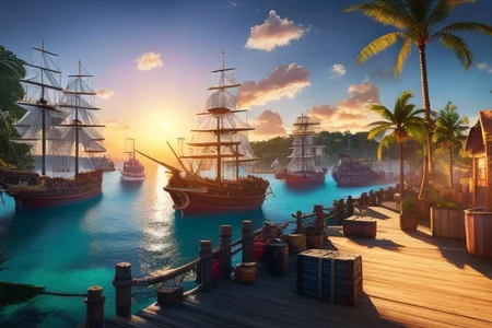 (masterpiece:1.2), (best quality,:1.2), 8k, HDR, ultra detailed, ((photorealistic)), A landscape view of a a city by the sea in the afternoon. Pirate ships docked unloading cargo, outside a tavern over looking a busy harbor in the caribbean, waving palm trees. afternoon sun, blue sky, calm sea, no people, professional light, cinematic lighting, ambient lighting, sunset,