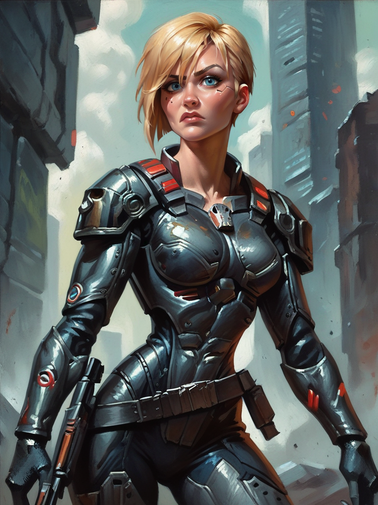 score_9, score_8_up, score_7_up, 1girl, dynamic pose, cowboy shot, cyberpunk city, serious, looking at viewer, daylight, sexually suggestive, epic pose, gun,
 <lora:ASergeantCalhoun_character:0.8>, SergeantXLP, blonde hair, short hair, blue eyes, armor, shoulder armor, bodysuit, solo, cartoon, <lora:Eldritch Oil Style LoRA_Pony XL v6:0.7> oil painting, traditional media, realistic,,