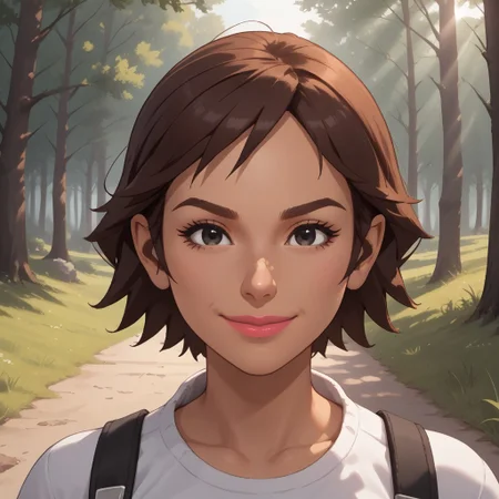 score_9, score_8, BREAK, solo, mii, wii, wii sports, 1girl, female mii, dark red hair, black eyes, lips, pink lips, facial feature, brown eyebrows, white clothing, black pants, breasts, sneakers, yoko_(\wii_sports\), short hair, nintendo mii, modern_mii, classic_mii, dark skin, dark skin female, sexy pose, self portrait, smile, outdoors, sunlight, shadows, evening lighting, natural lighting, forest, trees, grass, orange sky, sunset