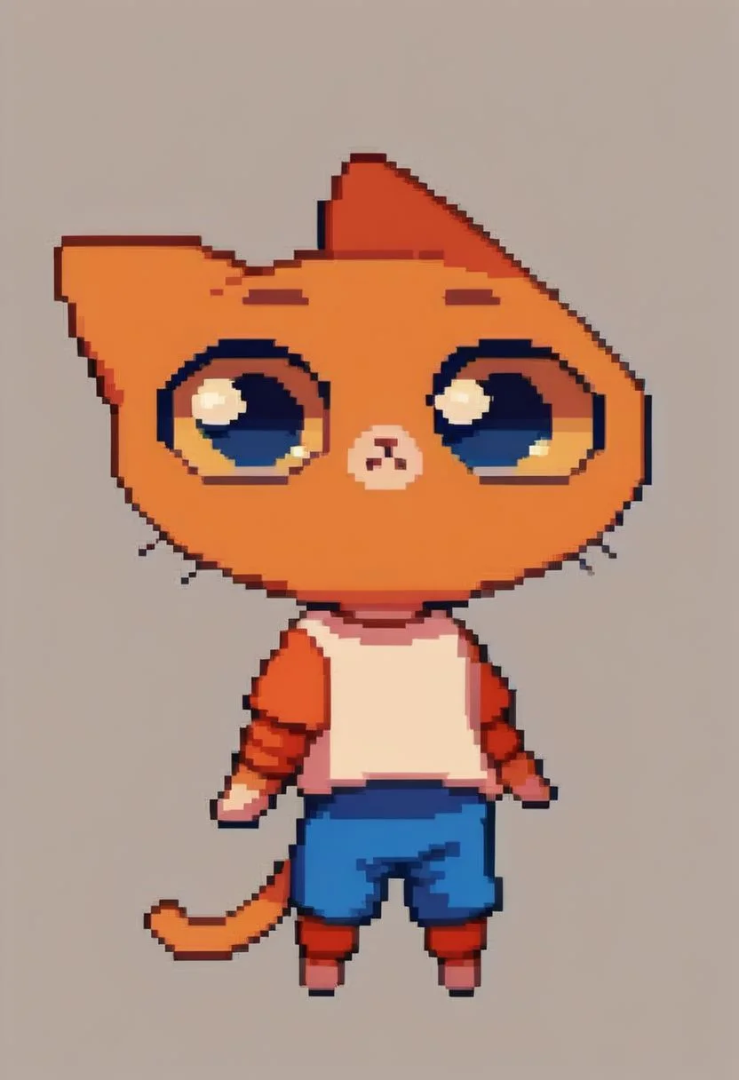 score_9, score_8_up, score_7_up, score_6_up,
Simbochka, cartoon orange cat,
1boy, cute, solo, simple background,
white shirt, orange sleeves, blue shorts,
pixelart,pixel