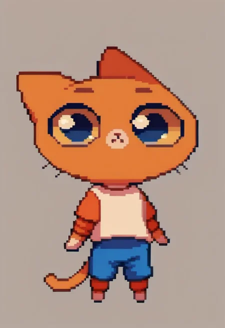 score_9, score_8_up, score_7_up, score_6_up,
Simbochka, cartoon orange cat,
1boy, cute, solo, simple background,
white shirt, orange sleeves, blue shorts,
pixelart,pixel