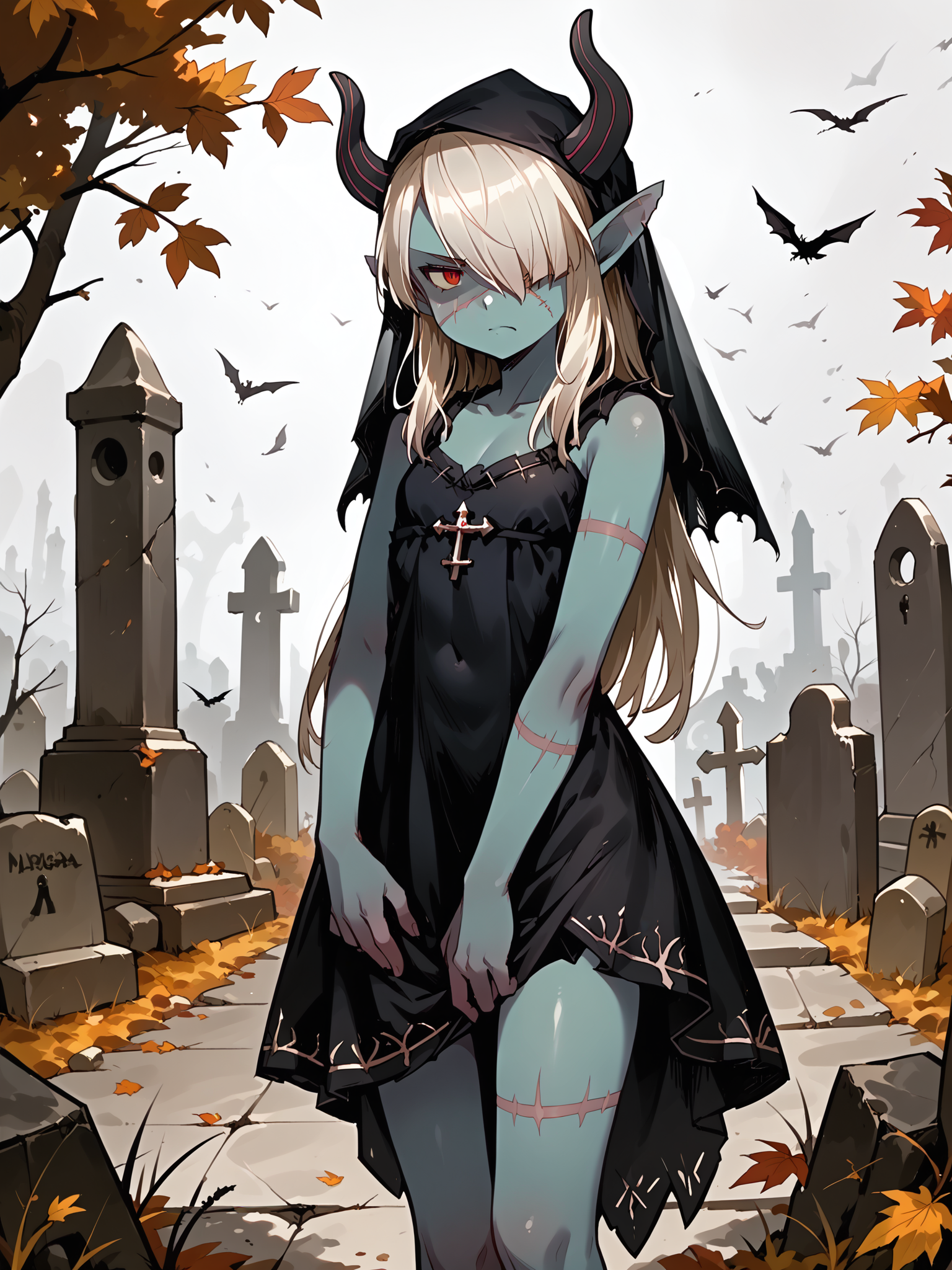 (, solo:1.1) <lora:happy_tentacle-necromancer-v0.3-000037:1>, ht_necromancer, colored skin, horns, scar on leg, scar on stomach, scar on cheek, (petite:1.2), <lora:Shed_The_Skin's StS_age_slider_v1_initial_release:-1.2> ( :1.1) ( ( head tilt :0.8) , , (annoyed :1.2) , torogao , :1) , outdoors, vegetation, ( :1.1), autumn , (dawn :0.6), , (:0.5), people , (science fiction :0.8), graveyard, funeral, (funeral dress, black dress, black veil:1.3) ( :0.8) score_9, score_8_up, score_7_up, score_6_up, score_5_up, score_4_up, ( [(realistic, photorealistic:1.3):(realistic:1.2):16] [(3d:1.2)::14] :1) <lora:LUUNA's Lunas-NijiJourney-SDXL-B2:0.35>, nijijourney <lora:prgfrg23's Counterfeit-V3.0 Style SDXL_LoRA_Pony Diffusion V6 XL:0.5> <lora:mfcg's mfcgXL:0.12> <lora:reweik's gyokai(himehajime)_PonyXL_style_v01:0.14>