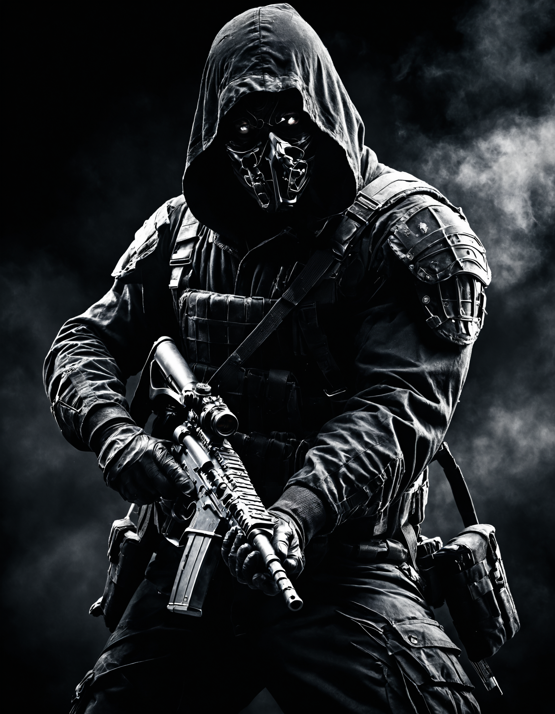 Dark, foreboding figure in full battle gear, with shadows playing across their face, in a realistic environment.
Holding a weapon with both hands, pointed forward.
Fine detail enhancement, Ultra-high contrast, Realistic depth of field