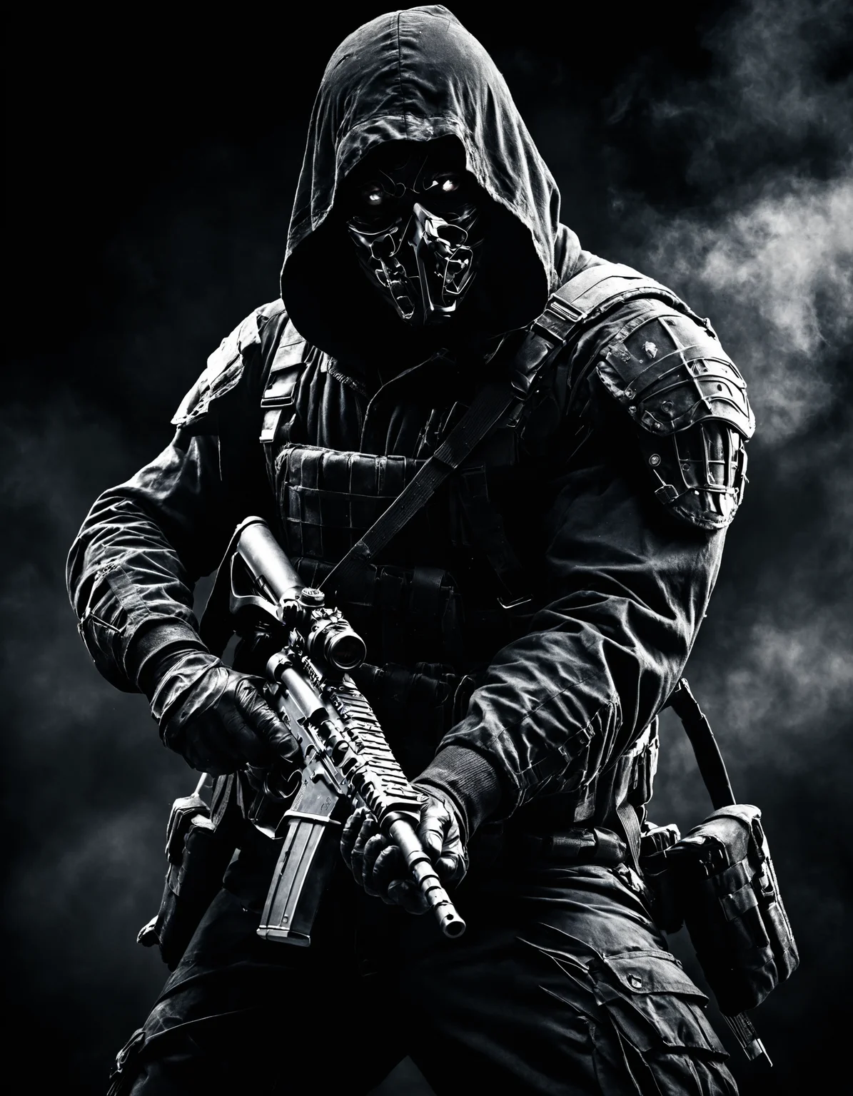 Dark, foreboding figure in full battle gear, with shadows playing across their face, in a realistic environment.
Holding a weapon with both hands, pointed forward.
Fine detail enhancement, Ultra-high contrast, Realistic depth of field