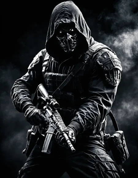 Dark, foreboding figure in full battle gear, with shadows playing across their face, in a realistic environment.
Holding a weapon with both hands, pointed forward.
Fine detail enhancement, Ultra-high contrast, Realistic depth of field