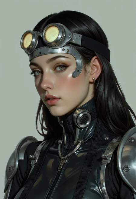 A close-up shot of a female futuristic robot ninja, her metallic faceplate glistening in the soft glow of her round goggles. The luminous lenses emit a warm, ethereal light that seems to pulse with an otherworldly energy. Her angular features and sharp jawline are set in a determined expression, as if ready to strike at any moment. The plain background allows the viewer's focus to remain entirely on the robot ninja's striking visage, her futuristic design and ninja garb evoking a sense of high-tech stealth and deadly precision.